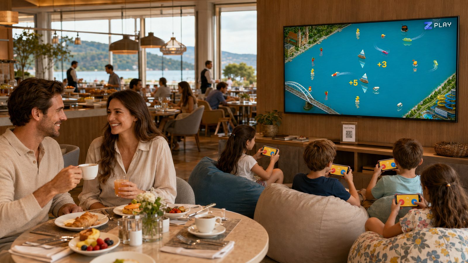 Szülők reggeliznek a hotel éttermében, miközben a gyerekek a lounge-ban telefonról játszanak a nagykijelzőn