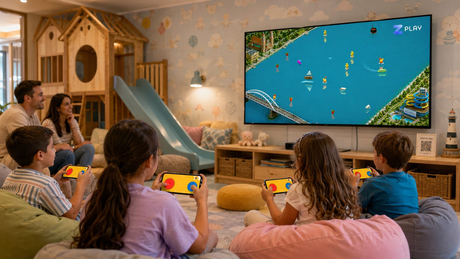 Gyerekek a hotel játékszobájában babzsákokon ülve, telefonról irányítják a nagykijelzős Zengo Play játékot