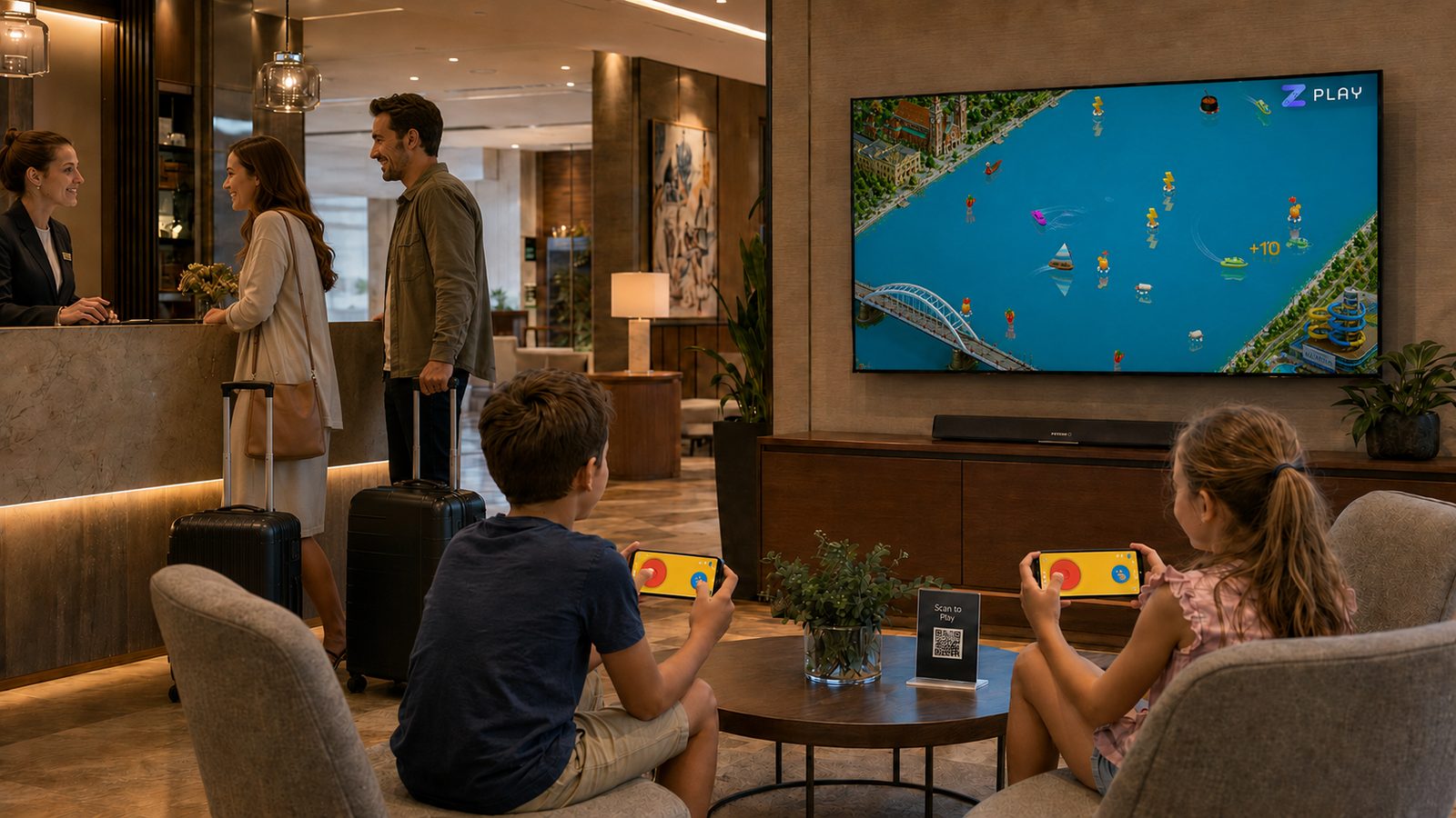 Gyerekek a lobbyban a nagykijelzős Zengo Play játékot játsszák telefonról, miközben a szülők a recepciónál intézik a check-int